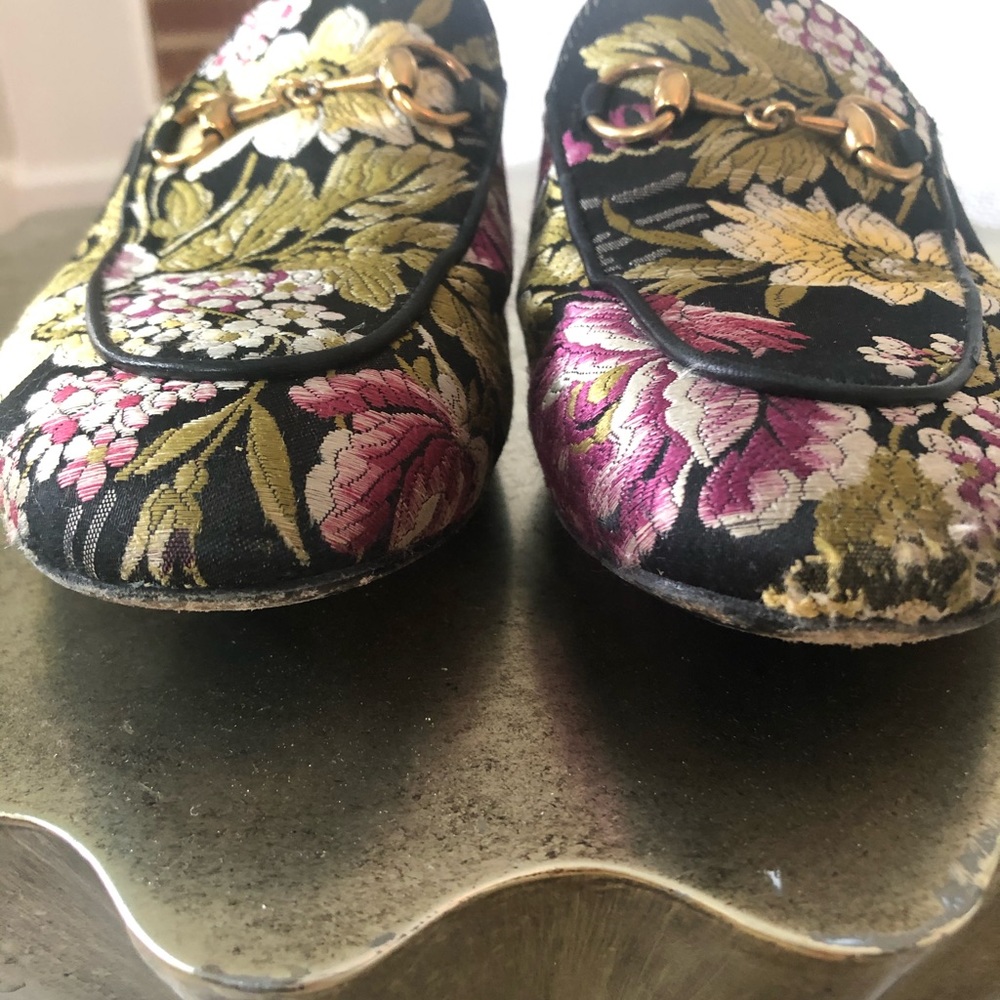 Gucci Floral Embroidered Black Gold Horsebit Mules - Picture 3 of 6